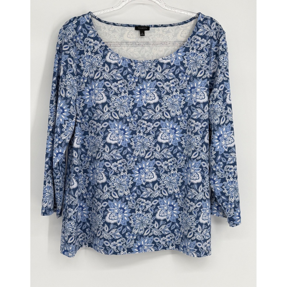 Talbots‎ Womens Sz XL Blue White Floral Medallion Long Sleeve Scoop Neck Top